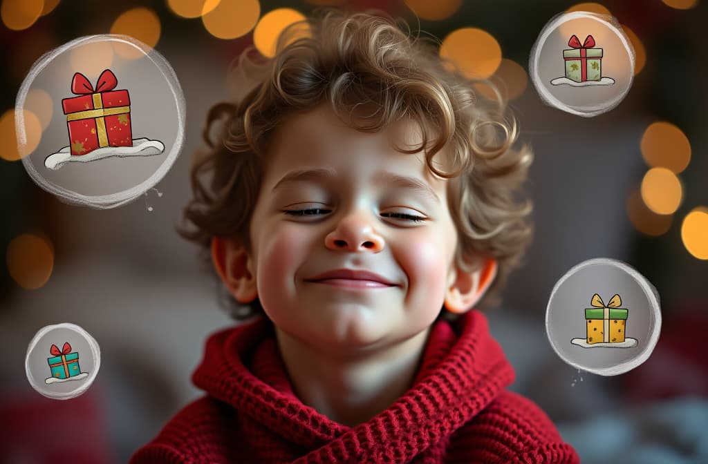  photo portrait of little boy eyes closed dreaming about gifts, boy smiling, big cartoon drawn circles with gifts inside circles flying around boy head, red wool sweater, curly hair, festive christmas background with blurred garland lights ar 3:2, (natural skin texture), highly detailed face, depth of field, hyperrealism, soft light, muted colors