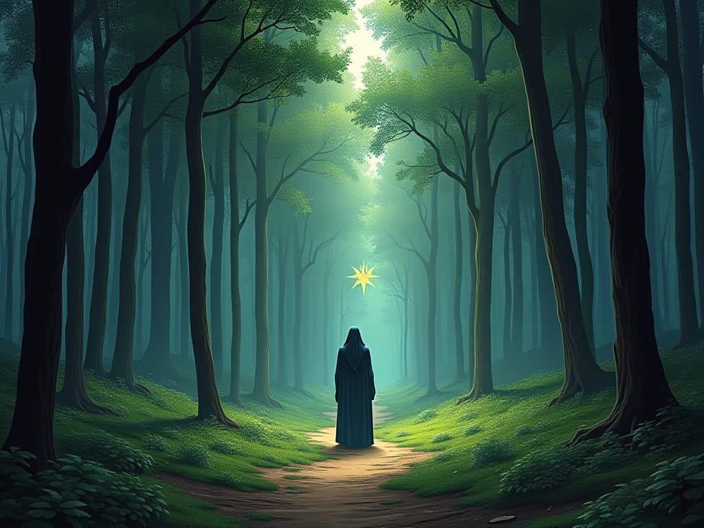  an untouched sarov forest, with st. seraphim centered in a clearing, secluded from human activity, deep in isolation, an air of natural tranquility. the style is digital art illustration / modern comic book / mysterious occult, symbolic, esoteric vibe,high detail on character design, incorporating ancient egyptian symbology and attire.