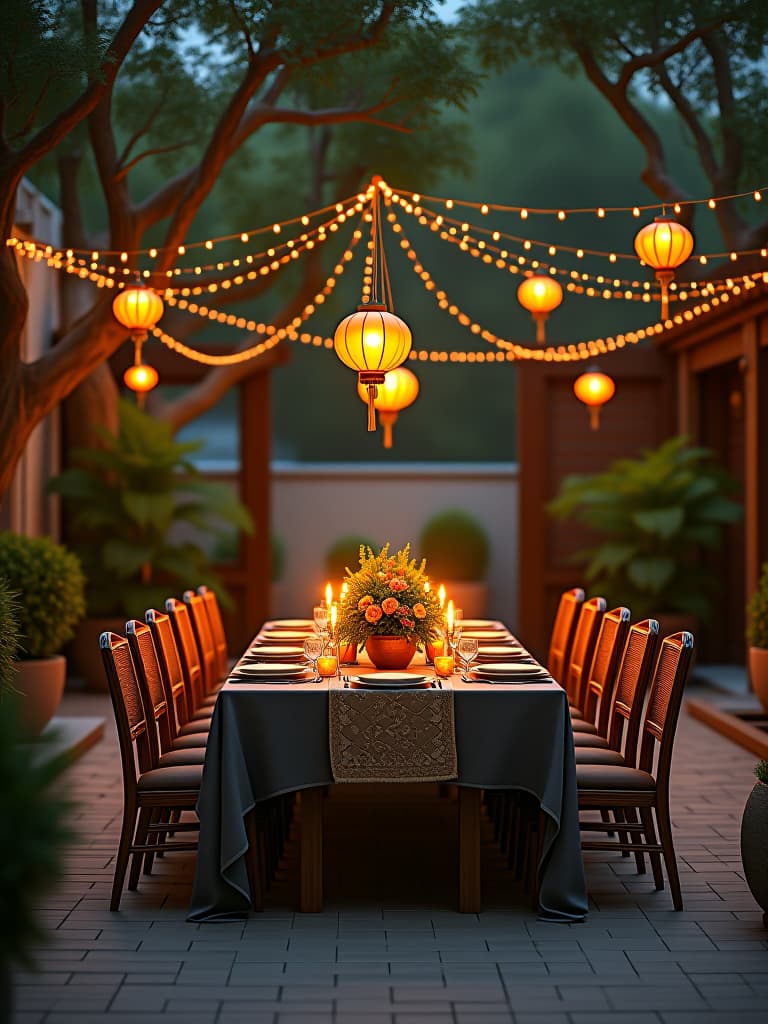  high quality portrait photo of a spacious patio with a large dining table set for a feast, surrounded by potted plants, with a backdrop of string lights and paper lanterns hanging from trees hyperrealistic, full body, detailed clothing, highly detailed, cinematic lighting, stunningly beautiful, intricate, sharp focus, f/1. 8, 85mm, (centered image composition), (professionally color graded), ((bright soft diffused light)), volumetric fog, trending on instagram, trending on tumblr, HDR 4K, 8K