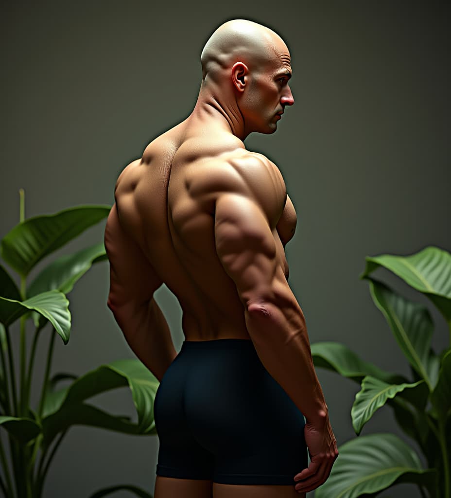  realistic photo of the profile muscular bald man 50 years with huge pecs, tight ass, dressed in tights plants short