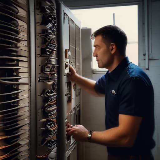 A photo of a skilled technician meticulously examining the intricate components of a large air conditioning unit in a dimly lit industrial warehouse during early evening. The warm glow of a single hanging incandescent bulb casts dramatic shadows, adding depth and mystery to the scene as the technician is immersed in the process of diagnosing the system. The subtle play of light and shadow enhances the textures and details of the machinery, creating a captivating visual narrative of expertise and precision in the realm of air conditioning service.