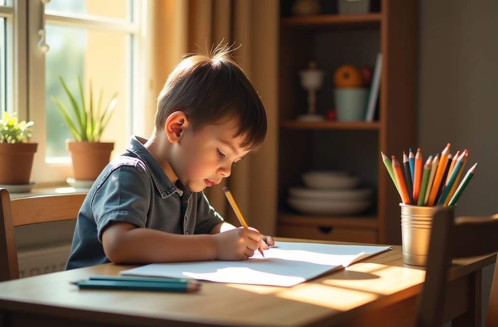  professional detailed photography, boy sitting at table drawing with colored pencils in cozy children's room, sunny day ar 3:2, (muted colors, dim colors, soothing tones), (vsco:0.3)