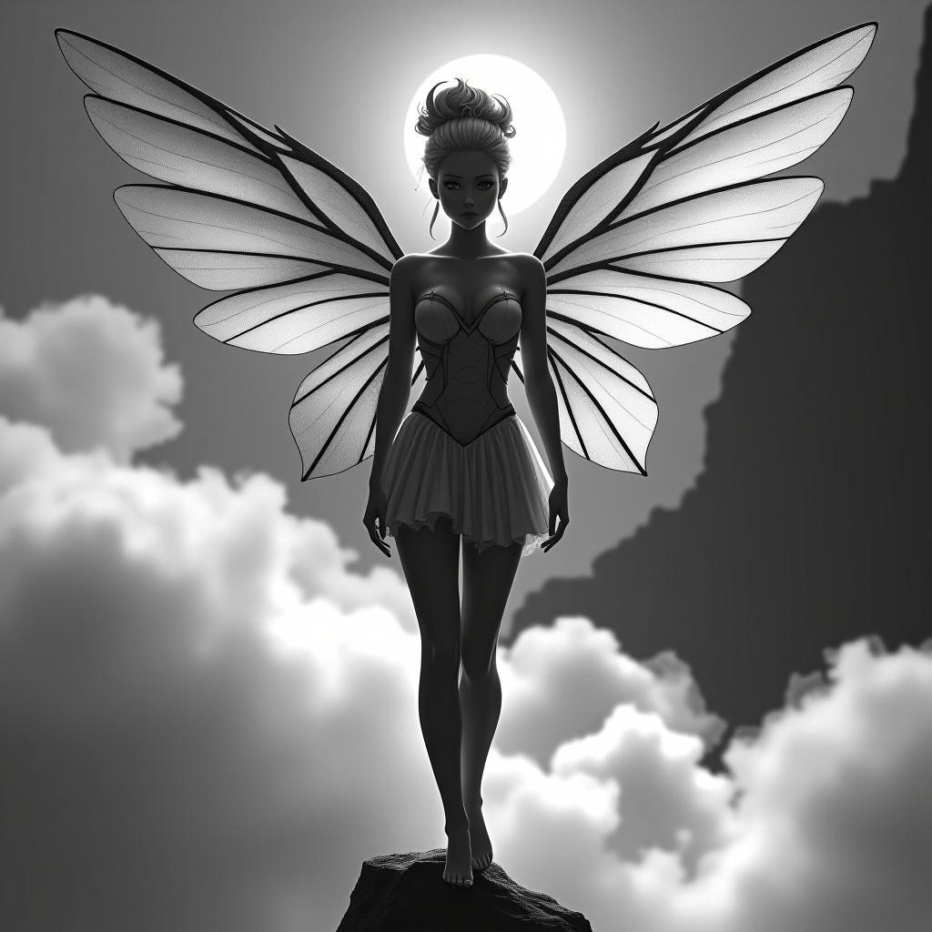  sci fi style the black and white vector of a beautiful and spicy with wings and a high quality face, the fairy stands full in a and model potion in the stockings, the clouds in very high beds, in a short dress with bright hair, the hair wrapped in a coward . futuristic, technological, alien worlds, space themes, advanced civilizations hyperrealistic, full body, detailed clothing, highly detailed, cinematic lighting, stunningly beautiful, intricate, sharp focus, f/1. 8, 85mm, (centered image composition), (professionally color graded), ((bright soft diffused light)), volumetric fog, trending on instagram, trending on tumblr, HDR 4K, 8K