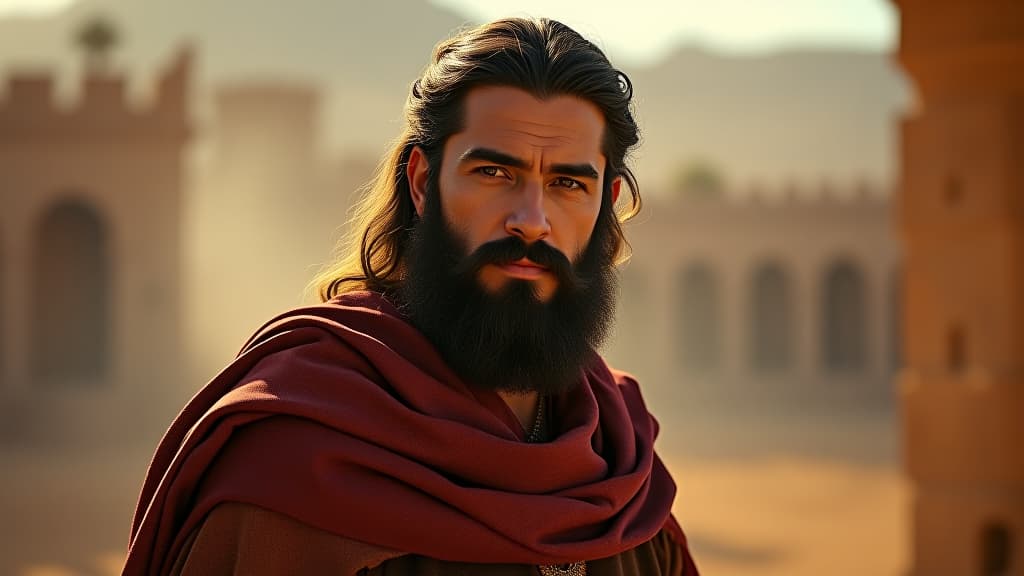  history of biblical times, a portrait of king david, capturing the legacy of ruth in his lineage, framed by a historical backdrop of ancient israel. hyperrealistic, full body, detailed clothing, highly detailed, cinematic lighting, stunningly beautiful, intricate, sharp focus, f/1. 8, 85mm, (centered image composition), (professionally color graded), ((bright soft diffused light)), volumetric fog, trending on instagram, trending on tumblr, HDR 4K, 8K