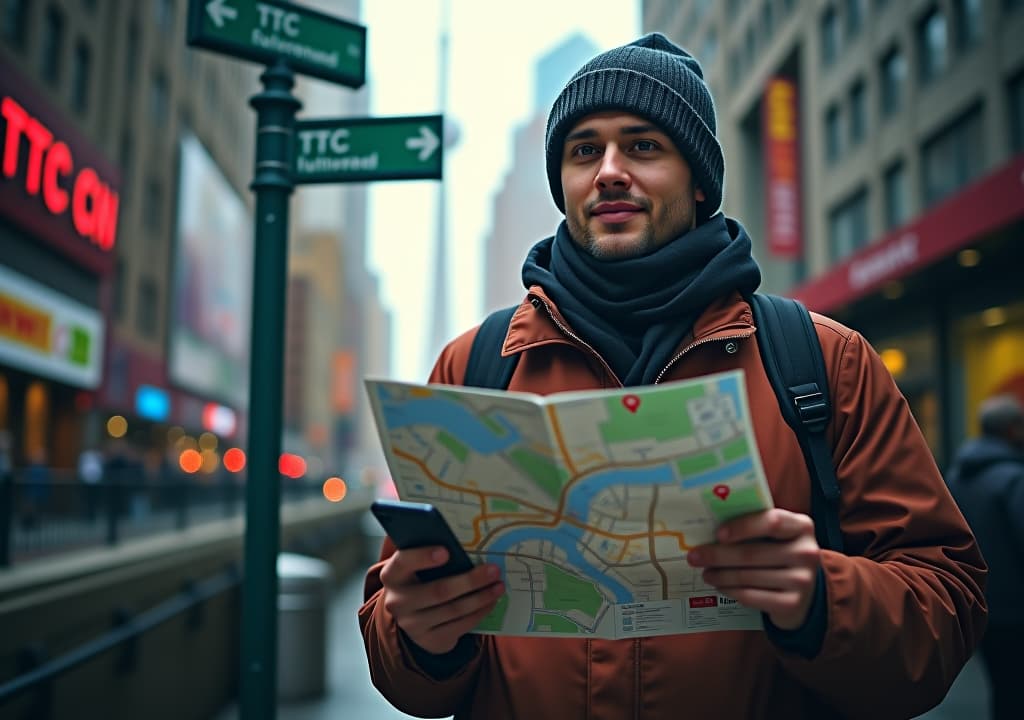  a traveler in toronto holding a city map and a smartphone with google maps open, standing near a ttc subway entrance. the background includes recognizable landmarks like the cn tower and street signs pointing to popular neighborhoods. the scene conveys a sense of exploration and adventure in the bustling city., in the style of photorealistic hyperrealistic, full body, detailed clothing, highly detailed, cinematic lighting, stunningly beautiful, intricate, sharp focus, f/1. 8, 85mm, (centered image composition), (professionally color graded), ((bright soft diffused light)), volumetric fog, trending on instagram, trending on tumblr, HDR 4K, 8K