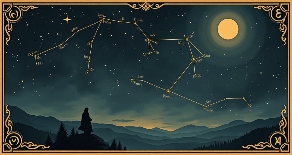  night sky filled with constellations, a prominent one shining bright, shapes resembling ancient runes, stars twinkling with meaning, prophetic. an illustration in the style of a worn, mystical old tarot trump card, mysterious and elements of surrealism. the colors are muted, somber and eerie, but with contrast bring out an occult and esoteric vibe.