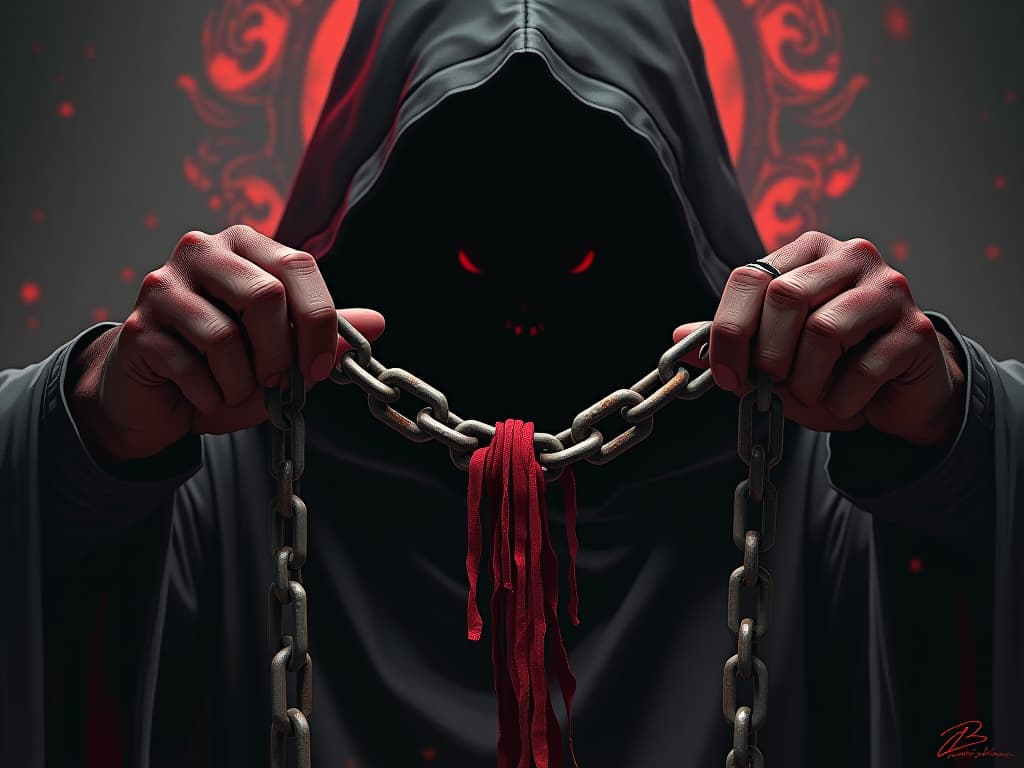  a broken chain held by a hooded figure, rusted and ancient, trust, betrayal. the style is dark fantasy and mysterious occult, symbolic, moody lighting, esoteric vibe,high detail on character design. for the color scheme emphasize blacks and reds.