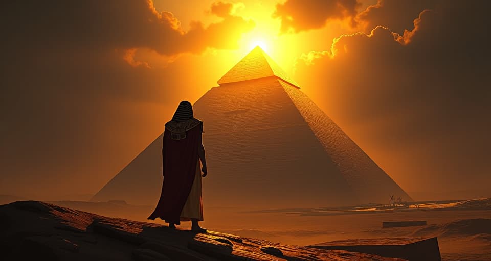  golden sunlight breaking through dark clouds, illuminating a majestic pyramid, stark contrast between light and shadow, imagery of rising power and inevitable transition. the style is digital art illustration / modern comic book / mysterious occult, symbolic, esoteric vibe,high detail on character design, incorporating ancient egyptian symbology and attire.