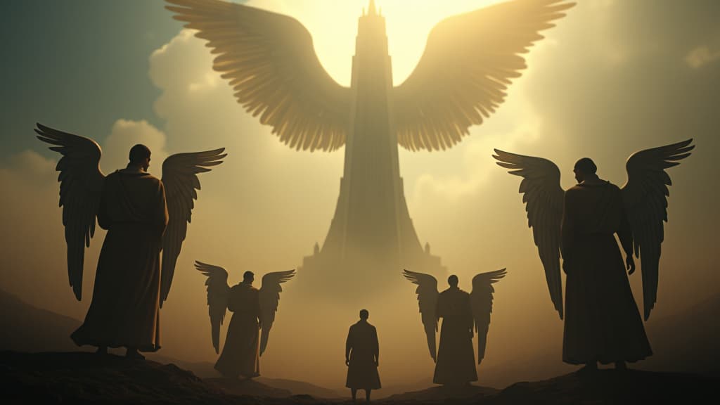  artistic interpretation of angels witnessing the construction of the tower of babel, pondering humanity's ambitious nature. hyperrealistic, full body, detailed clothing, highly detailed, cinematic lighting, stunningly beautiful, intricate, sharp focus, f/1. 8, 85mm, (centered image composition), (professionally color graded), ((bright soft diffused light)), volumetric fog, trending on instagram, trending on tumblr, HDR 4K, 8K