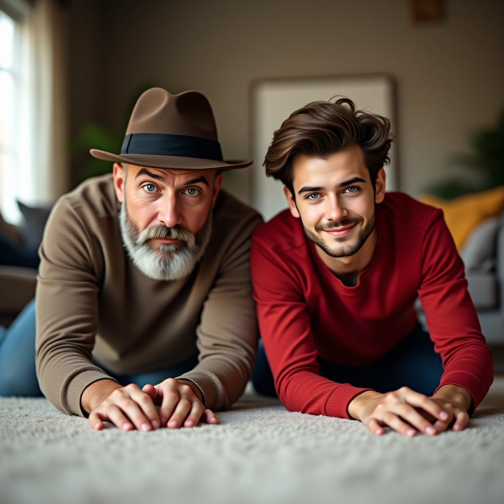  2 men a father and son laying carpet in a big house the father has a hat on in his 50s with a beard with some grey in it and has blue eyes. the son has brown hair blue greenish eyes with a red shirt on, (logo), elegant, chic, stylish, sophisticated, high fashion, modern serif font, monochrome, simple, iconic