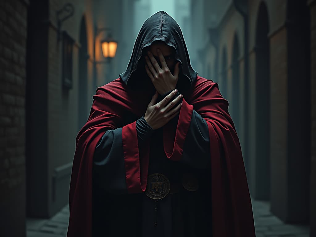  image of peter with hand over mouth in shame, biblical attire, dark alleyway, symbol of denial and regret. the style is dark fantasy and mysterious occult, symbolic, moody lighting, esoteric vibe,high detail on character design. for the color scheme emphasize blacks and reds.