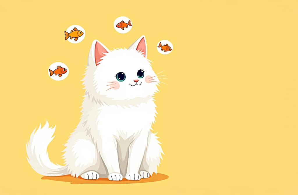  flat illustration, flaticon, (illustration:1.15), fluffy white cat , sitting on left side, (right side is empty for text), cartoon drawn circles with fishes inside circles flying around cat head, yellow pastel solid background ar 3:2, [cory loftis, strobist, pascal campion :: 0.2]