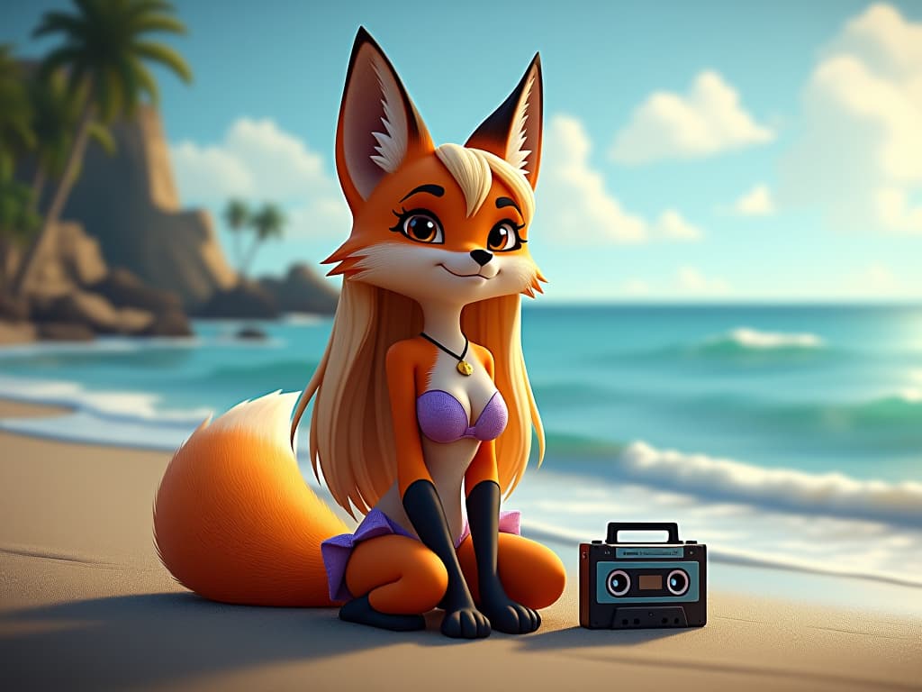  a glamorous fox with medium straight smooth blonde hair, sitting on the beach by the sea with a cassette player next to her in the cartoon zveropolis hyperrealistic, full body, detailed clothing, highly detailed, cinematic lighting, stunningly beautiful, intricate, sharp focus, f/1. 8, 85mm, (centered image composition), (professionally color graded), ((bright soft diffused light)), volumetric fog, trending on instagram, trending on tumblr, HDR 4K, 8K