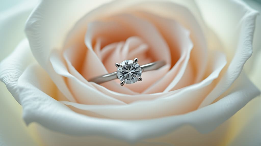  create an image with the following specifications: main subject: description: a close up of an elegant white gold engagement ring resting on a delicate white rose petal. style: realistic, high detail photography. setting: location: studio setting with soft, diffused lighting. composition: framing: macro shot, focusing on the ring and petal, with a blurred background. style: art movement: contemporary product photography. technique: high key lighting with shallow depth of field. atmosphere: mood: romantic, ethereal, and timeless. color palette: dominant colors: white, soft pink, silver. mood: pure, delicate, and sophisticated. details: foreground: white gold engagement ring with a brilliant cut diamond, nestled on a pristine white ros hyperrealistic, full body, detailed clothing, highly detailed, cinematic lighting, stunningly beautiful, intricate, sharp focus, f/1. 8, 85mm, (centered image composition), (professionally color graded), ((bright soft diffused light)), volumetric fog, trending on instagram, trending on tumblr, HDR 4K, 8K