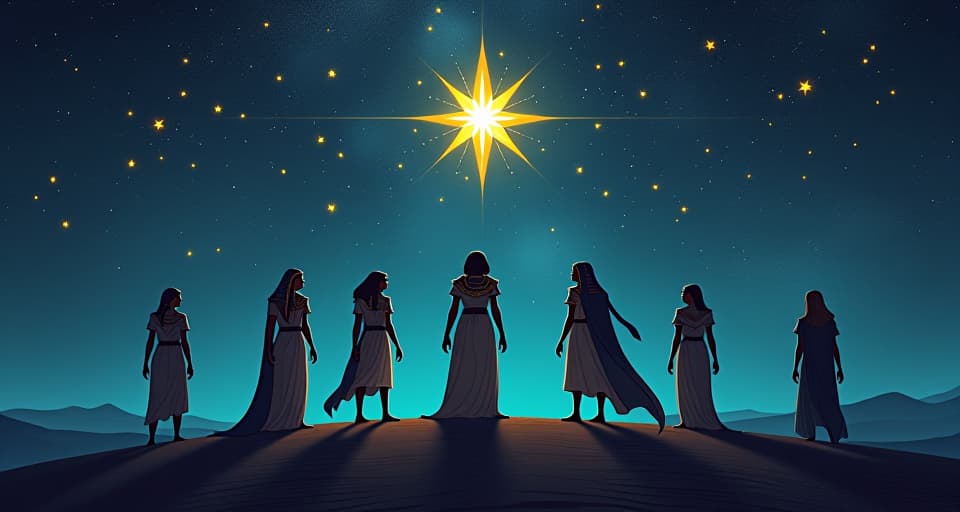  a group of stars in a night sky, forming constellations, glowing brightly, giving a sense of thriving and shining collectively. the style is digital art illustration / modern comic book / mysterious occult, symbolic, esoteric vibe,high detail on character design, incorporating ancient egyptian symbology and attire.