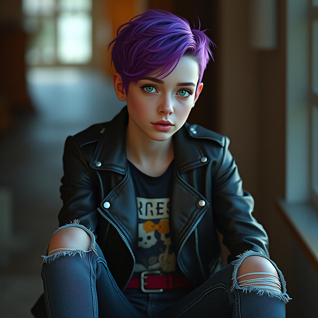  a girl with pale skin and short, pixie cut hair dyed a vivid purple. her eyes are a bright green, accentuated by a touch of eyeliner. she sports a leather jacket over a graphic tee, with ripped jeans and combat boots, giving her a rebellious, edgy appearance. hyperrealistic, full body, detailed clothing, highly detailed, cinematic lighting, stunningly beautiful, intricate, sharp focus, f/1. 8, 85mm, (centered image composition), (professionally color graded), ((bright soft diffused light)), volumetric fog, trending on instagram, trending on tumblr, HDR 4K, 8K