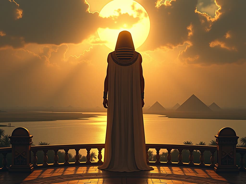  a pharaoh, tall and majestic, standing on a balcony overlooking the nile, rays of light reflecting off the water, atmosphere of profound impact. the style is digital art illustration / modern comic book / mysterious occult, symbolic, esoteric vibe,high detail on character design, incorporating ancient egyptian symbology and attire.