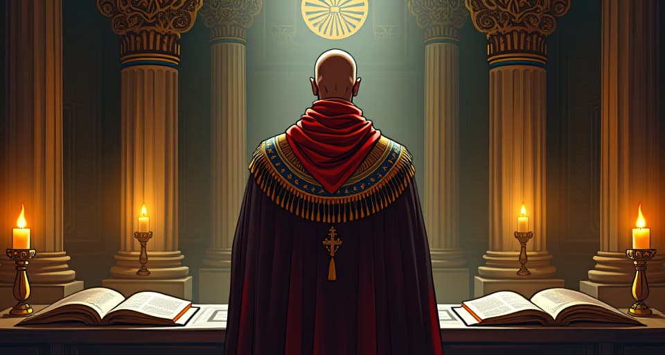  a priest, wearing a detailed, colorful cape, standing before a sacred altar, surrounded by open scrolls and ancient tablets, intense focus in candlelit room. the style is digital art illustration / modern comic book / mysterious occult, symbolic, esoteric vibe,high detail on character design, incorporating ancient egyptian symbology and attire.