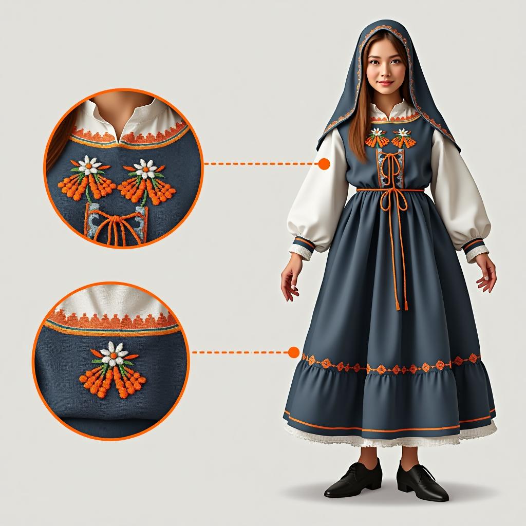  a traditional folk costume is shown, with its details highlighted in circles, and the full length view of the costume itself. the design should feature gray tones, with orange as the accent color. the color of the costume includes shades of blue and white.