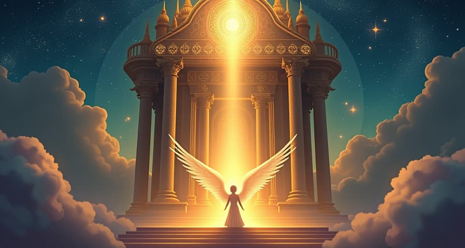  a grand celestial temple with a radiant figure at its steps. an angelic being bows in communication, surrounded by glowing symbols, illustrating direct divine communion.. the style is digital art illustration,highly detailed, whimsical,magical, dreamlike atmosphere, realism and fantasy blend, smooth, glossy textures,luminous quality, wonder and enchantment.