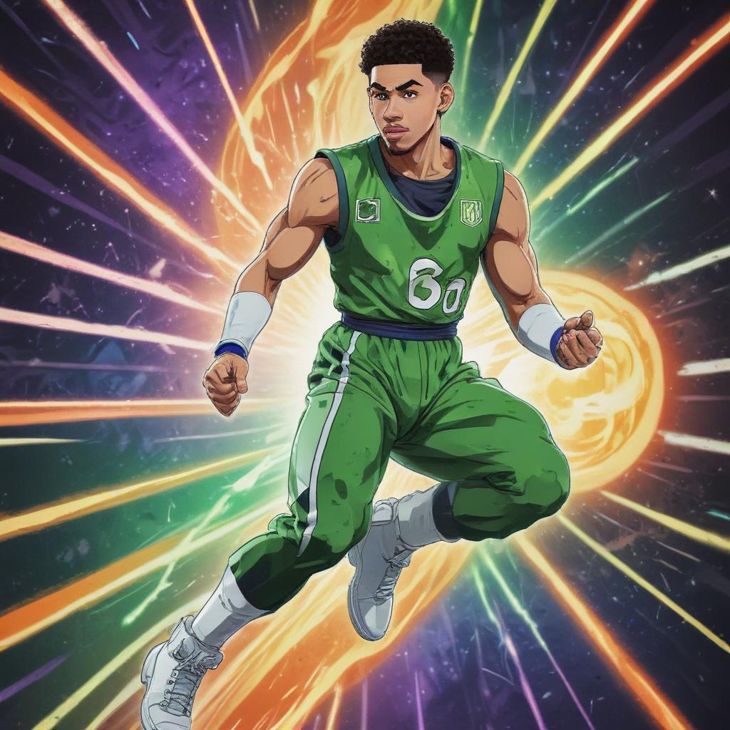 distance-shot, flashy, full-body, dynamic, holographic, animated cartoon poster of jayson tatum in the style of dragon ball super