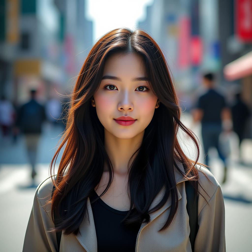  the image captures a young korean woman in her 20s on a city street, taken with an ultra high resolution camera. the clarity of the photo reveals every detail, from the texture of her skin to the individual strands of her hair. the woman has a natural look, with minimal makeup, and her long, straight hair falls neatly around her shoulders. she wears casual, modern clothing, blending seamlessly with the urban background. the street behind her is busy, with a mix of people and vehicles, but the focus remains on her, creating a sharp contrast between her and the slightly blurred city surroundings. the overall mood is vibrant and lively, reflecting the energy of a bustling city street. hyperrealistic, full body, detailed clothing, highly detailed, cinematic lighting, stunningly beautiful, intricate, sharp focus, f/1. 8, 85mm, (centered image composition), (professionally color graded), ((bright soft diffused light)), volumetric fog, trending on instagram, trending on tumblr, HDR 4K, 8K