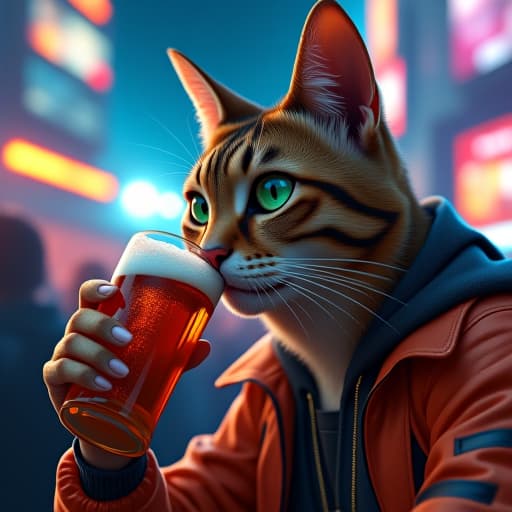  imagine hemule, an anthropomorphic tabby cat with green eyes and edgy style, sipping beer at a football game in a cyberpunk cityscape. hemule exudes charisma and toughness amidst vibrant colors and dramatic lighting, blending hyper realism with a comic book aesthetic. hyperrealistic, full body, detailed clothing, highly detailed, cinematic lighting, stunningly beautiful, intricate, sharp focus, f/1. 8, 85mm, (centered image composition), (professionally color graded), ((bright soft diffused light)), volumetric fog, trending on instagram, trending on tumblr, HDR 4K, 8K