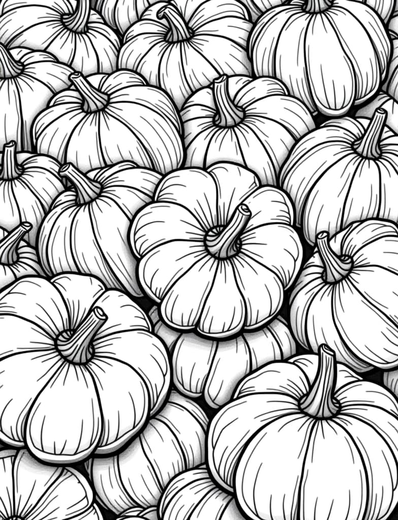  a close up of a pile of pumpkins, each with unique textures, black and white line art on a white background, for an adult coloring page.