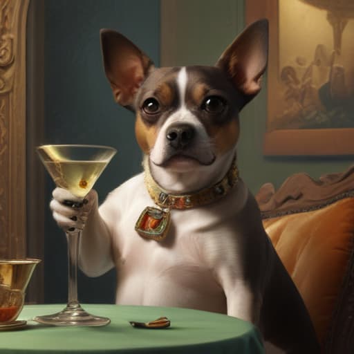 A dog drinking a martini while using a cell phone in Mythological style