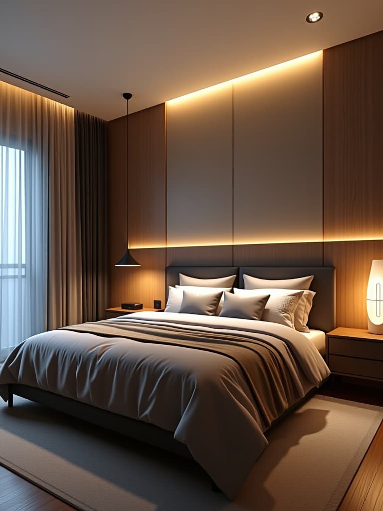  high quality portrait photo of a modern bedroom showcasing clever lighting solutions, including recessed ceiling lights, under bed led strips, and a sculptural pendant light hyperrealistic, full body, detailed clothing, highly detailed, cinematic lighting, stunningly beautiful, intricate, sharp focus, f/1. 8, 85mm, (centered image composition), (professionally color graded), ((bright soft diffused light)), volumetric fog, trending on instagram, trending on tumblr, HDR 4K, 8K