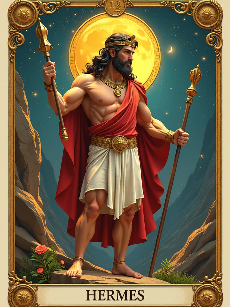  features of the god hermes in an ancient tarot card. in 3d, disney cartoon style