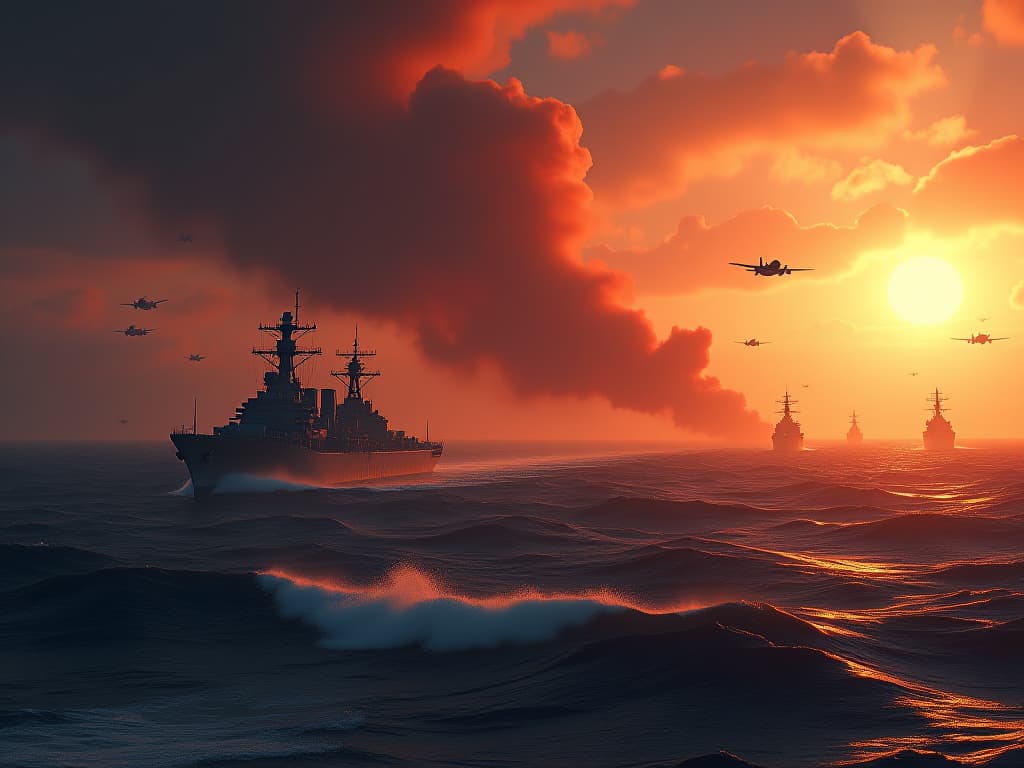  an intense naval battle scene in the pacific during world war ii, showcasing the fifth fleet of the united states, led by admiral raymond spruance, with over 500 ships, battling against the formidable combined fleet of the japanese empire under admiral shizaburo osawa. include aircraft carriers, battleships, and warplanes in a dramatic fiery sky. the atmosphere is tense, with waves crashing amidst bomb explosions and planes soaring overhead. hyperrealistic, full body, detailed clothing, highly detailed, cinematic lighting, stunningly beautiful, intricate, sharp focus, f/1. 8, 85mm, (centered image composition), (professionally color graded), ((bright soft diffused light)), volumetric fog, trending on instagram, trending on tumblr, HDR 4K, 8K