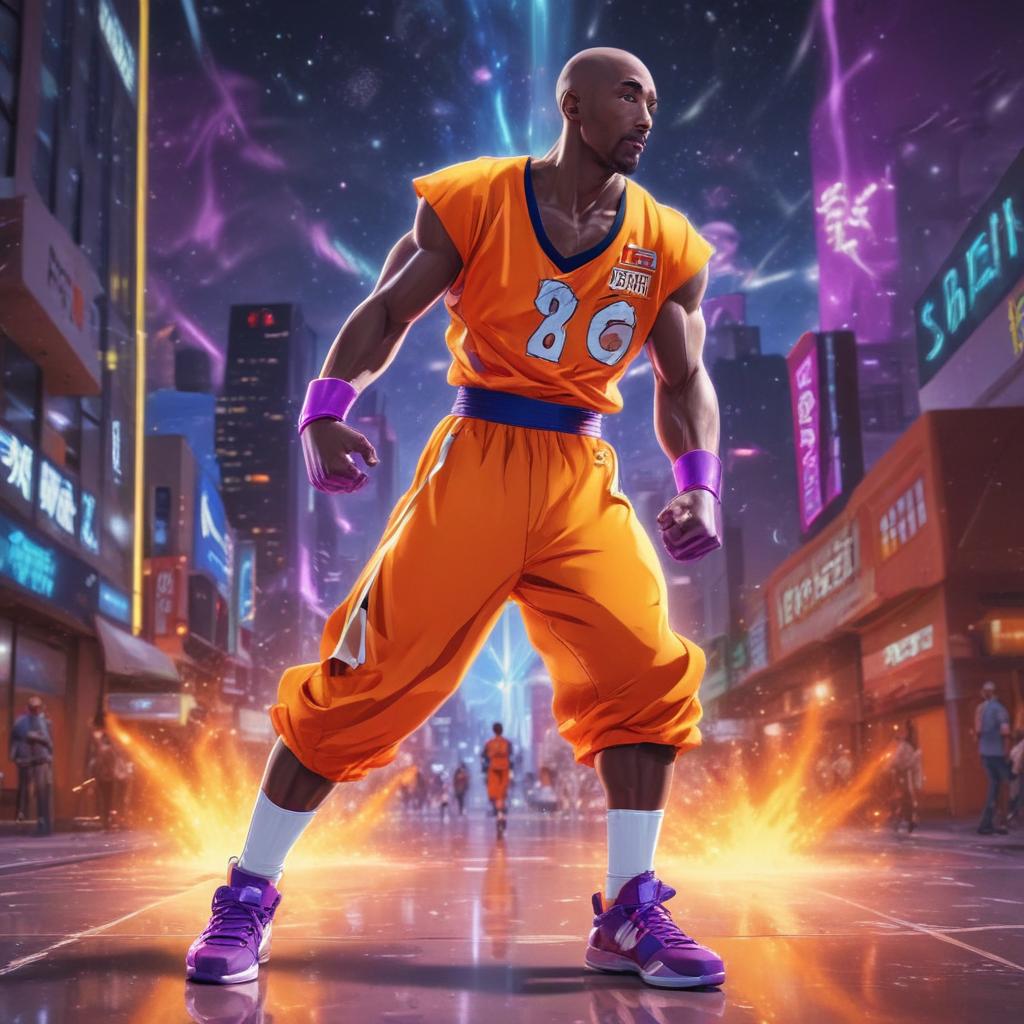 distance-shot, flashy, full-body, dynamic, holographic, animated cartoon poster of kobe scene in the style of dragon ball super