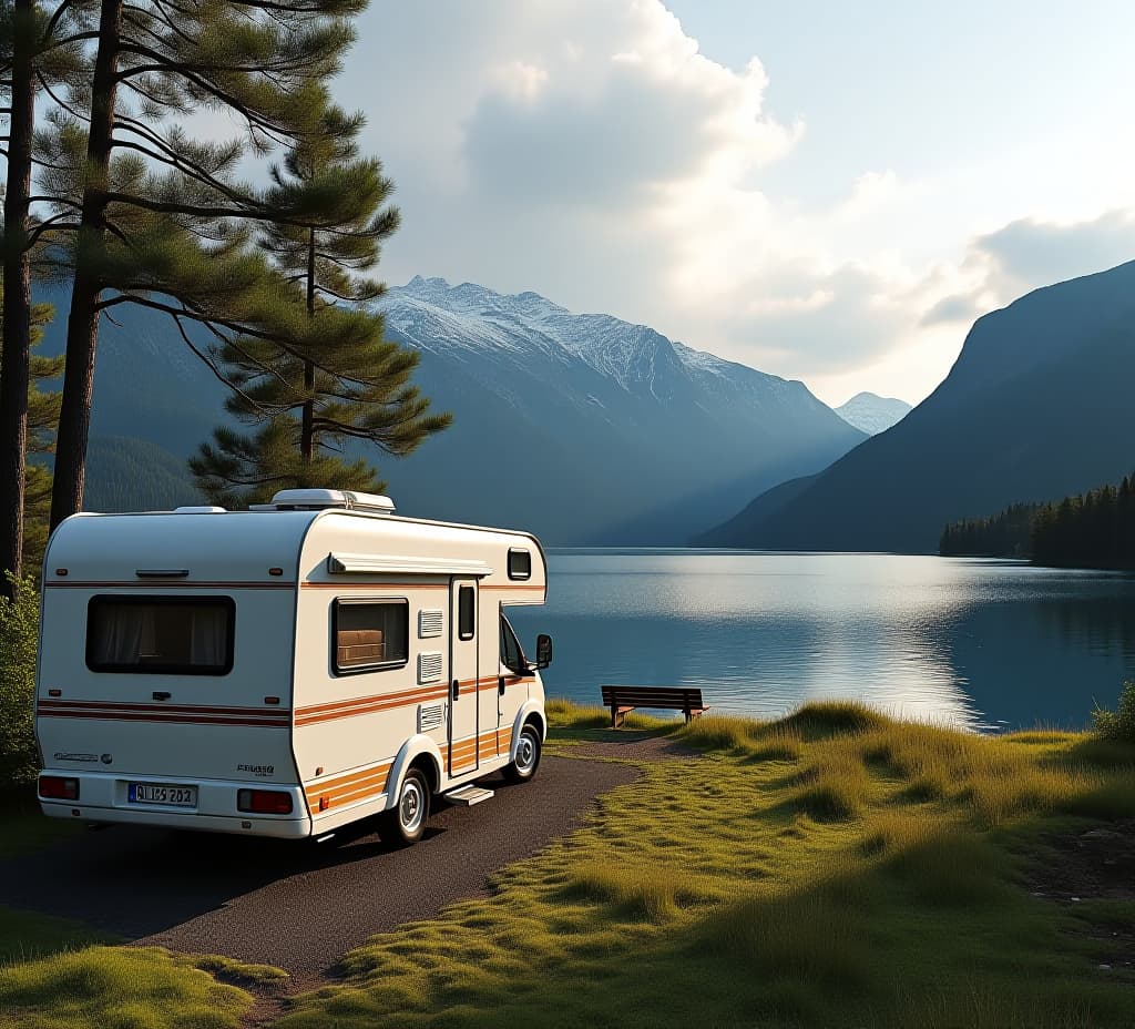  camper parked at a lake, mountains in background, scandinavian