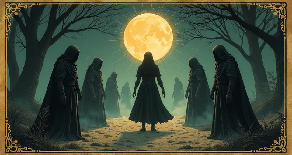  protective barrier, shimmering, repelling dark figures, light emanating from within, safeguard against negativity, serene and secure. an illustration in the style of a worn, mystical old tarot trump card, mysterious and elements of surrealism. the colors are muted, somber and eerie, but with contrast bring out an occult and esoteric vibe.