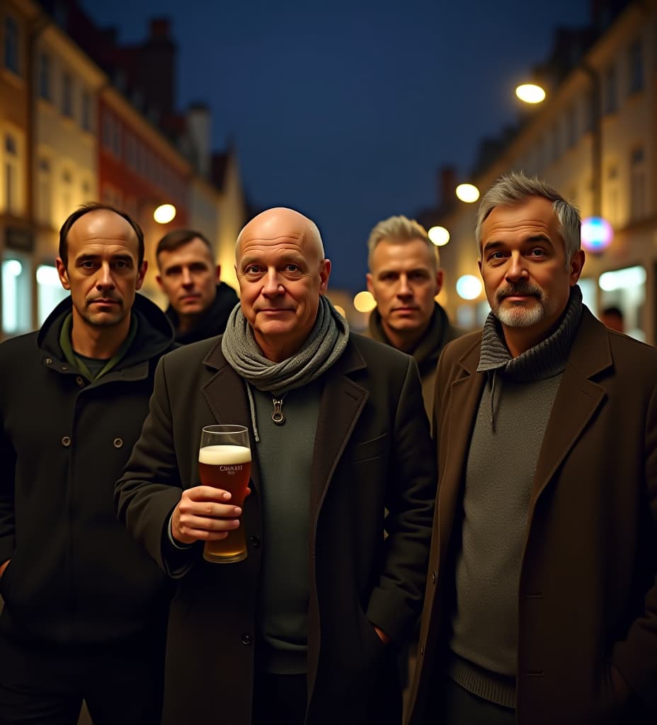  5 guys all aged 45 on their way home from a night out. they're all danes, different heights. one bald, one has gray hair, the rest has normal hair. location is copenhagen. time is 2 am. most bars still open. two guys have a draft beer in hand. different clothing styles, some have a dress shirt on under their coats. different height of the guys.