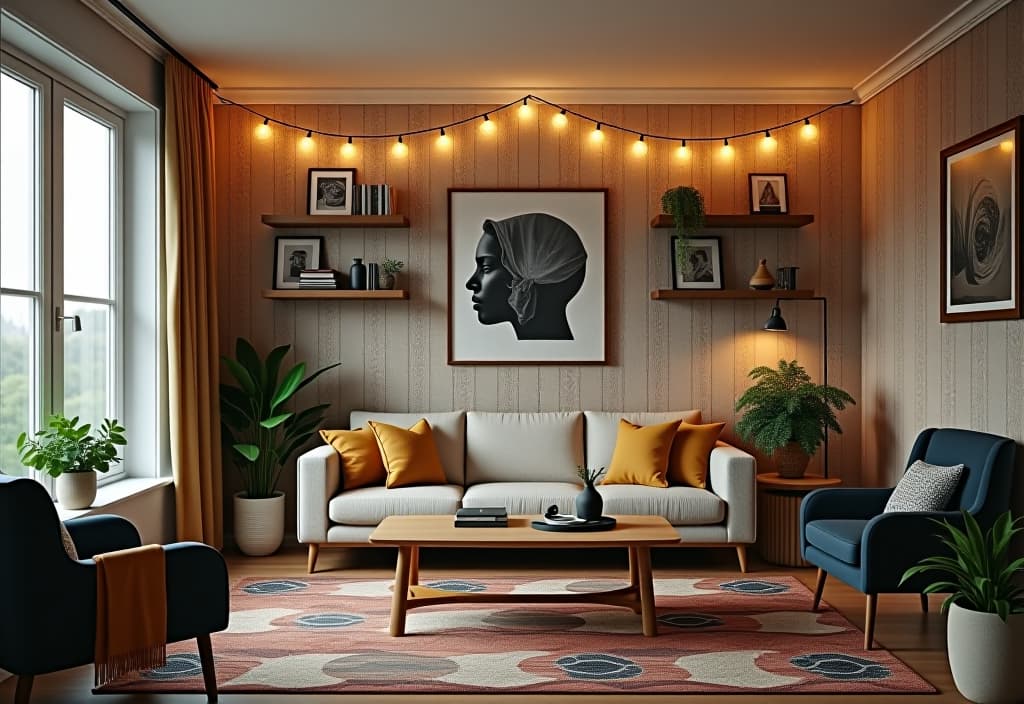  a landscape photo of a cozy rental apartment living room with removable wallpaper, string lights, and floating shelves, showcasing easy diy decor ideas hyperrealistic, full body, detailed clothing, highly detailed, cinematic lighting, stunningly beautiful, intricate, sharp focus, f/1. 8, 85mm, (centered image composition), (professionally color graded), ((bright soft diffused light)), volumetric fog, trending on instagram, trending on tumblr, HDR 4K, 8K