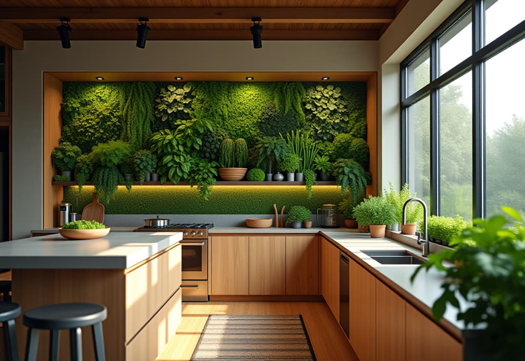  a landscape photo of an open concept kitchen with a living wall of herbs and vegetables, integrated seamlessly with modern appliances and natural wood finishes hyperrealistic, full body, detailed clothing, highly detailed, cinematic lighting, stunningly beautiful, intricate, sharp focus, f/1. 8, 85mm, (centered image composition), (professionally color graded), ((bright soft diffused light)), volumetric fog, trending on instagram, trending on tumblr, HDR 4K, 8K