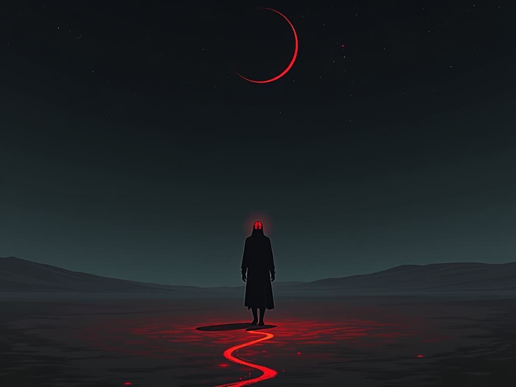  a lone figure marked on the forehead, wandering aimlessly through an endless, dark desert, burden of guilt, starless sky. the style is dark fantasy and mysterious occult, symbolic, moody lighting, esoteric vibe,high detail on character design. for the color scheme emphasize blacks and reds.