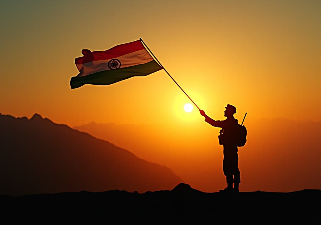  sing in ''kargil vijay diwas'', kargil victory day, indian army silhouette, holding flag