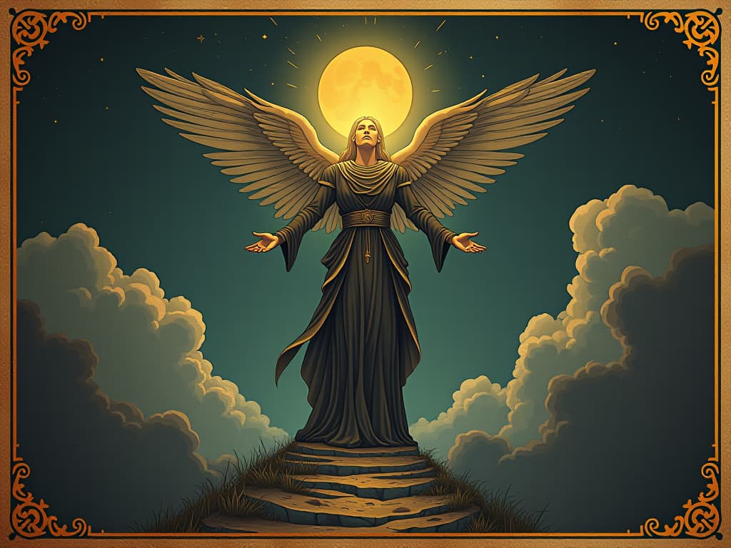  celestial figure, guiding hand, divine warmth, elegant beams lighting a path, divine intervention. an illustration in the style of a worn, mystical old tarot trump card, mysterious and elements of surrealism. the colors are muted, somber and eerie, but with contrast bring out an occult and esoteric vibe.