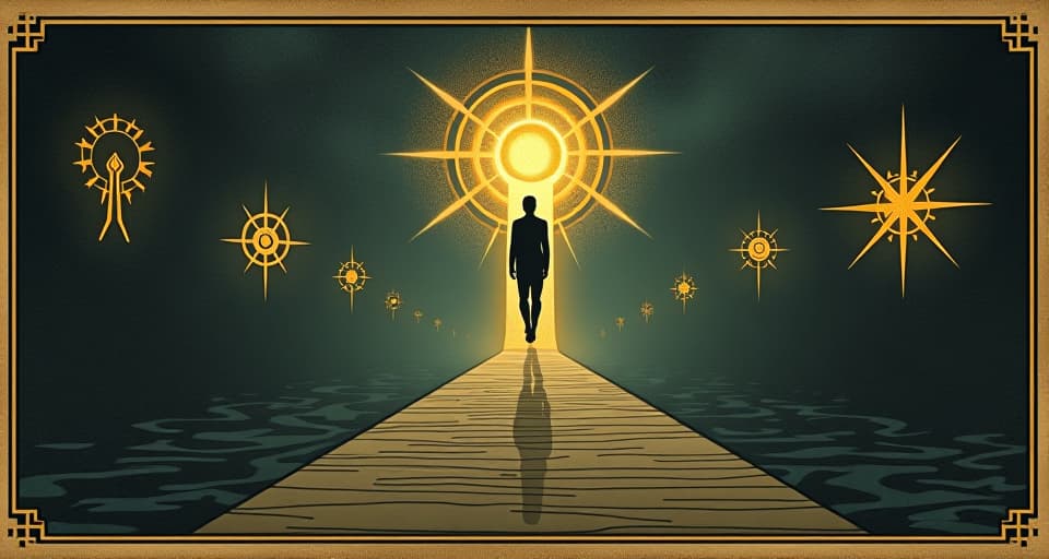  paths lined with glowing symbols leading to an illuminated figure, self realization, cosmic journey, divine guidance. an illustration in the style of a worn, mystical old tarot trump card, mysterious and elements of surrealism. the colors are muted, somber and eerie, but with contrast bring out an occult and esoteric vibe.