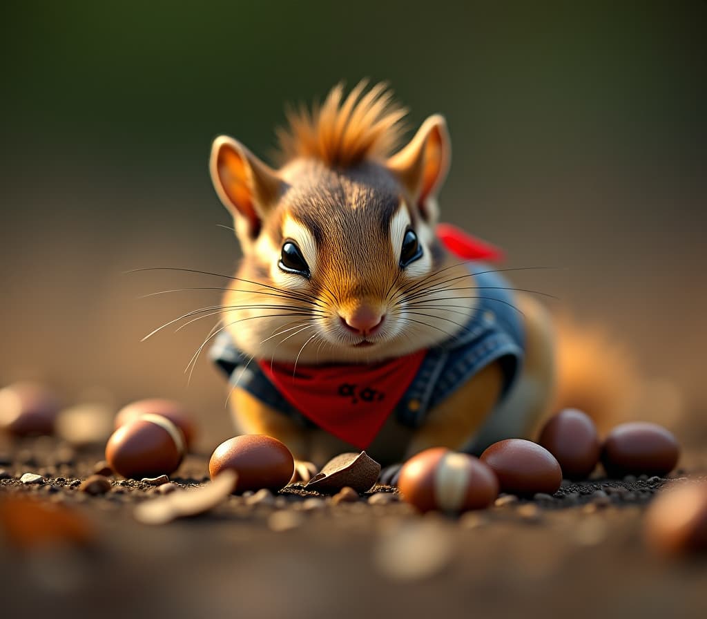  cinematic photo a cute brown chipmunk sleeping happily, he dressed as a rock star from the 80's, red bandana, denim vest, crazy hairstyle, a few hazelnuts are scattered around. the atmosphere is totally relaxing . 35mm photograph, film, bokeh, professional, 4k, highly detailed hyperrealistic, full body, detailed clothing, highly detailed, cinematic lighting, stunningly beautiful, intricate, sharp focus, f/1. 8, 85mm, (centered image composition), (professionally color graded), ((bright soft diffused light)), volumetric fog, trending on instagram, trending on tumblr, HDR 4K, 8K