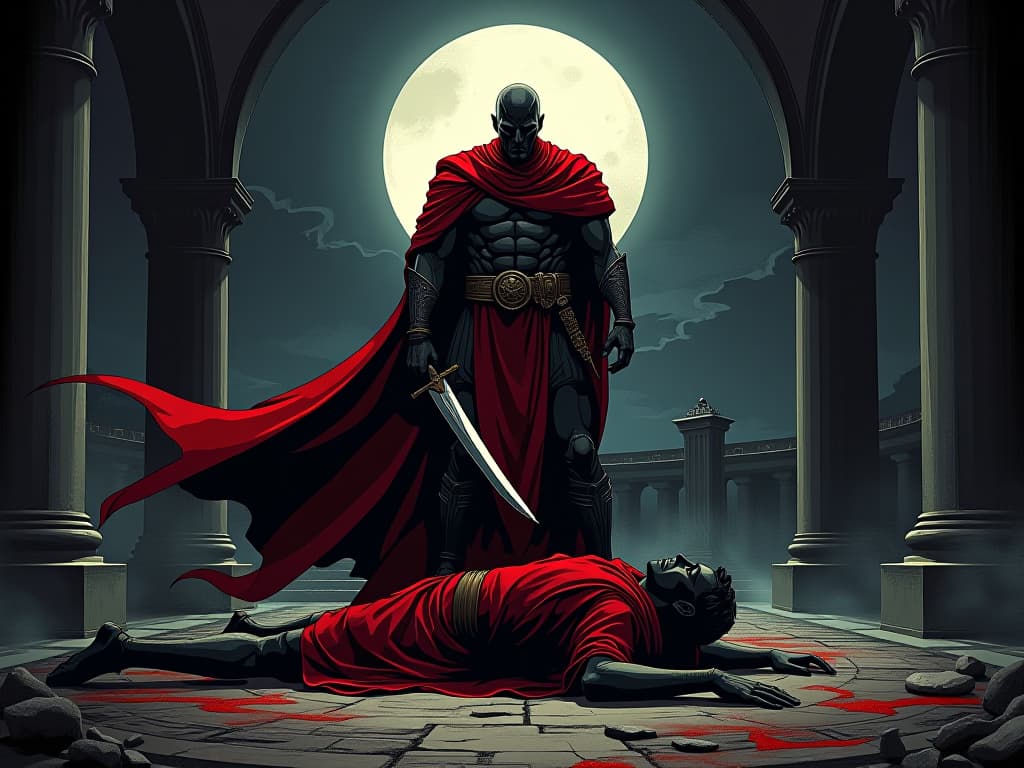  brutus like figure clad in red ceremonial garb, dagger in hand, standing over a fallen leader in a roman setting, moon casting long shadows, air of betrayal. the style is digital art illustration / modern comic book / graphic dark novel fantasy and mysterious occult, symbolic, moody lighting, esoteric vibe,high detail on character design. for the color scheme emphasize blacks and reds.