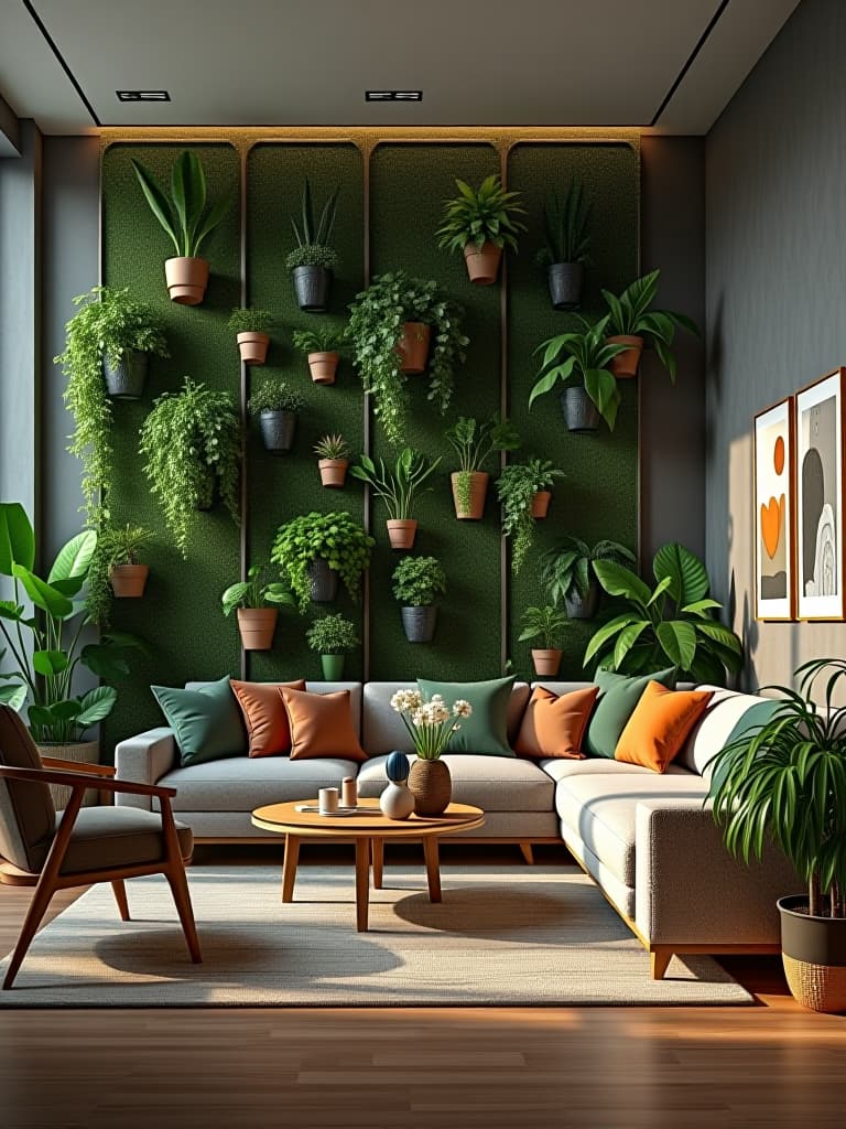  high quality portrait photo of a stylish living room with vertical garden walls, hanging plants, and sleek furniture pieces that maximize floor space, creating an urban jungle aesthetic hyperrealistic, full body, detailed clothing, highly detailed, cinematic lighting, stunningly beautiful, intricate, sharp focus, f/1. 8, 85mm, (centered image composition), (professionally color graded), ((bright soft diffused light)), volumetric fog, trending on instagram, trending on tumblr, HDR 4K, 8K