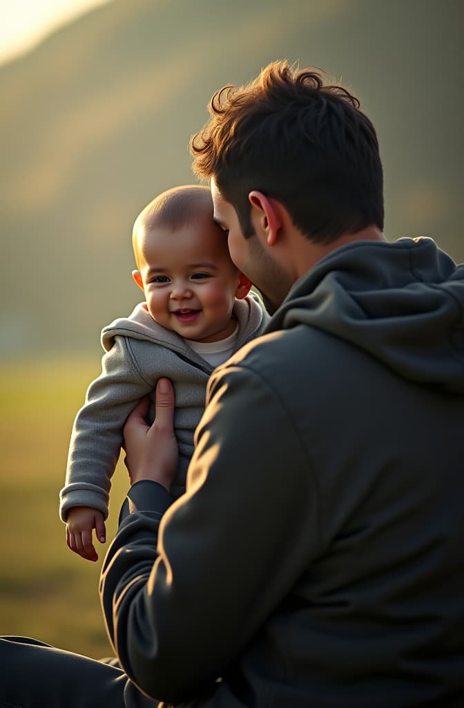  bebé sonriendo y jugando con su padre hyperrealistic, full body, detailed clothing, highly detailed, cinematic lighting, stunningly beautiful, intricate, sharp focus, f/1. 8, 85mm, (centered image composition), (professionally color graded), ((bright soft diffused light)), volumetric fog, trending on instagram, trending on tumblr, HDR 4K, 8K