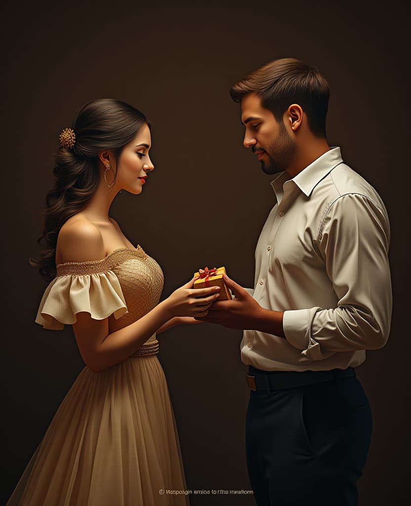  hyperrealistic art a beautiful woman in a dress gives a man in a shirt a small gift, a model, on a dark brown background . extremely high resolution details, photographic, realism pushed to extreme, fine texture, incredibly lifelike