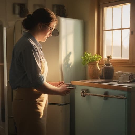 A photo of a skilled repair technician servicing a vintage refrigerator in a cozy, retro-inspired kitchen during early morning hours with soft, warm sunlight streaming through the windows, creating a nostalgic ambiance.