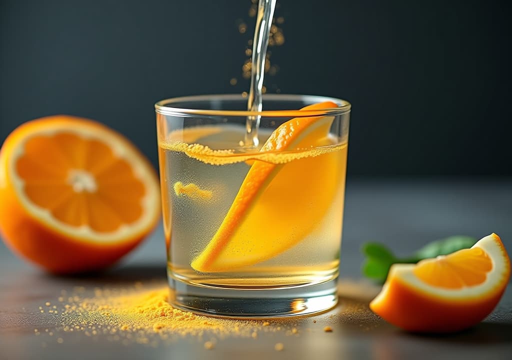  detailed shot of vitamin c powder being mixed in water, immune boost, clean and fresh