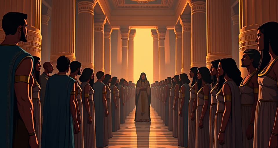  a grand hall filled with ancient egyptian nobles in elaborate garments, eyes wide in amazement, expressions of disbelief and simmering jealousy, ornate pillars, golden decorations, ambient twilight. the style is digital art illustration / modern comic book / mysterious occult, symbolic, esoteric vibe,high detail on character design, incorporating ancient egyptian symbology and attire.